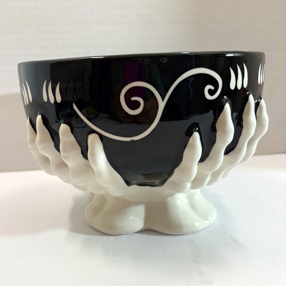 Two's Company Bone Appetit Skeleton Hand Bowl Black White Halloween Decor